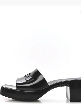 Gucci Black Patent Rubber Mule Sandal with Logo